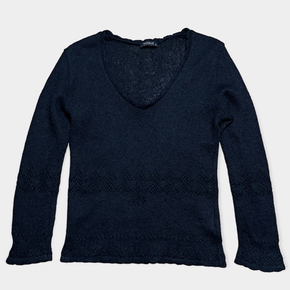 Kookai Black Eyelet Mohair Wool Blend V-Neck Sweater Sz 2